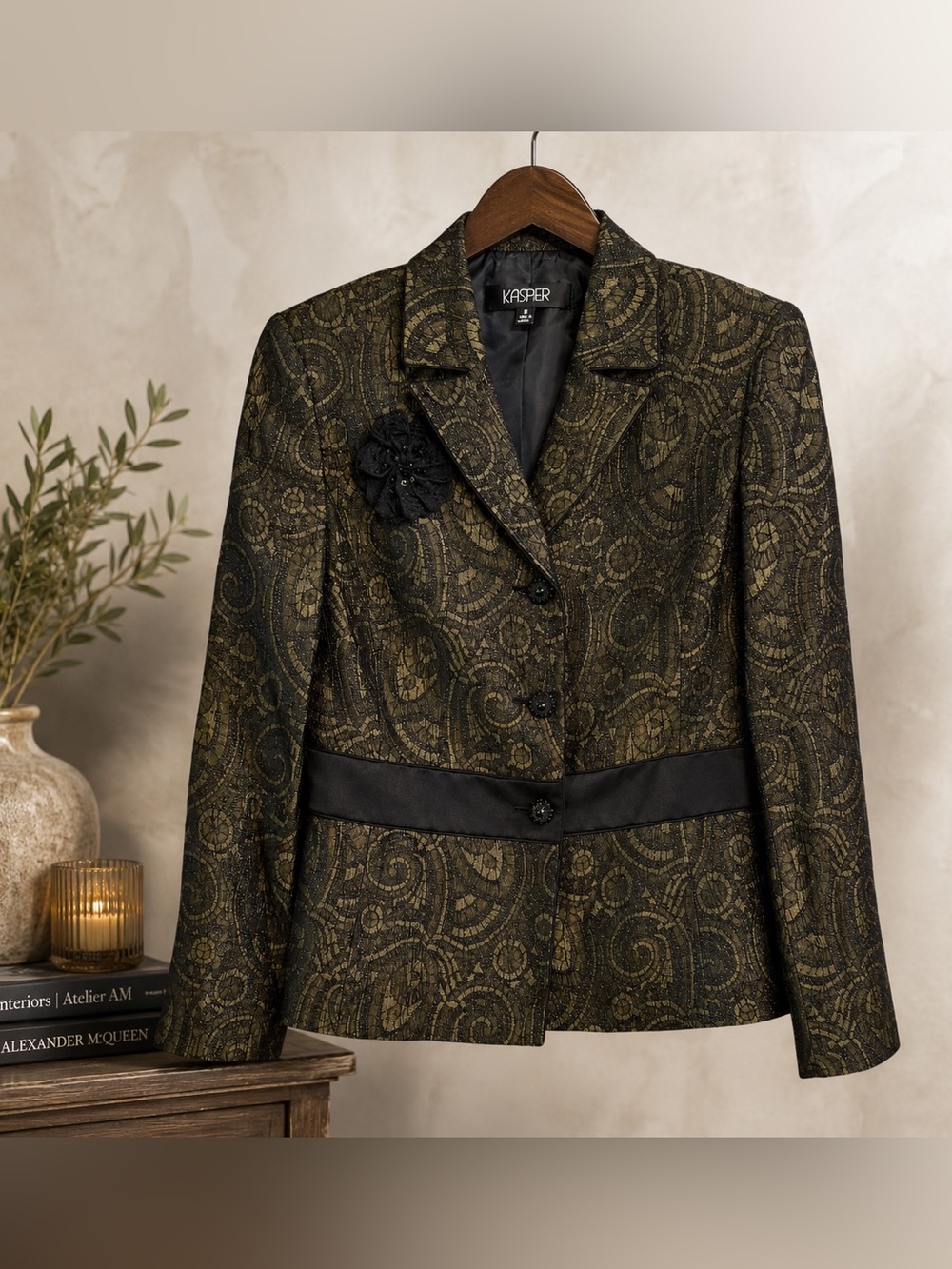 Vintage 90s Bronze Olive Black Jacquard Blazer Satin Trim Evening Jacket 8